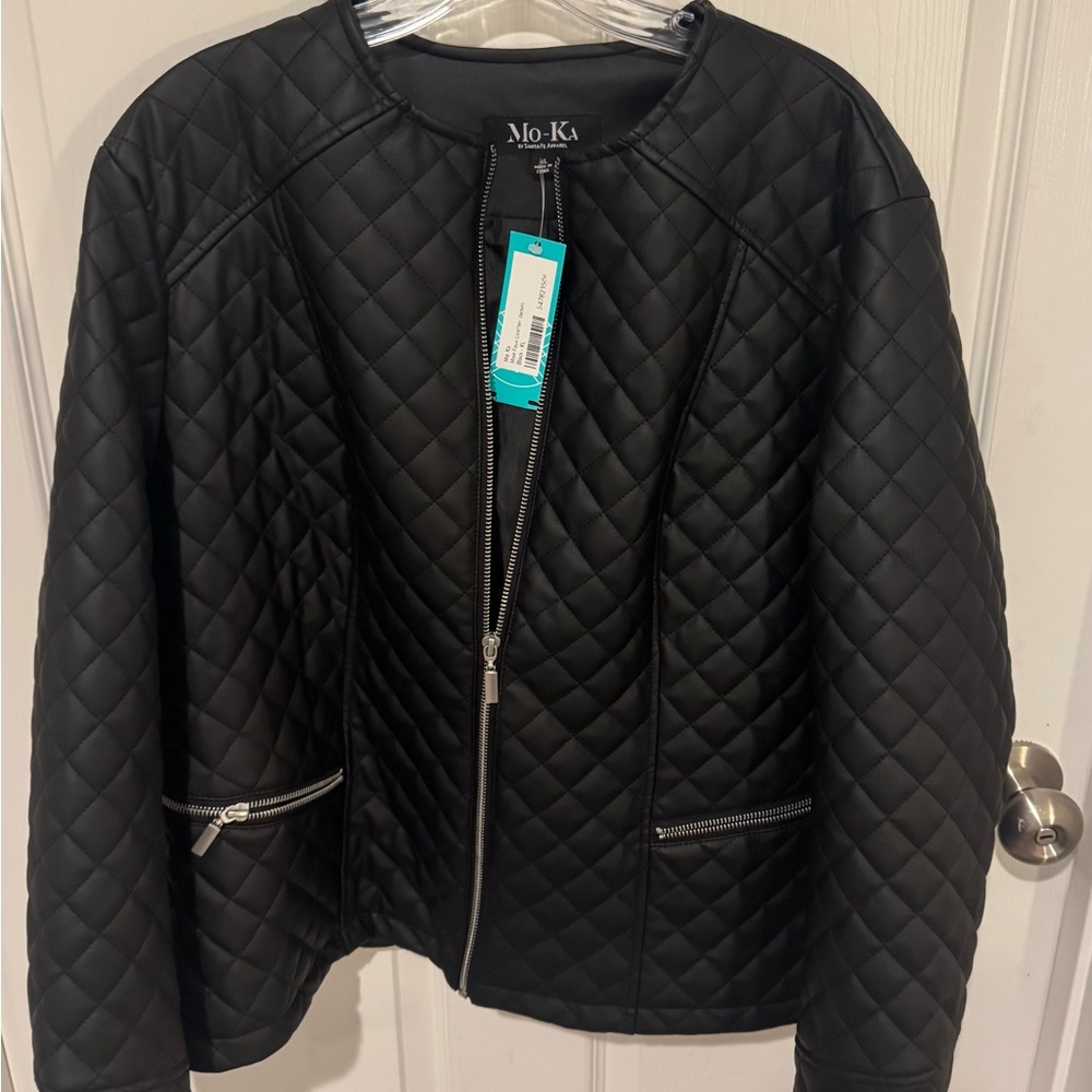 Faux Black Leather Quilted Jacket with Moto Style